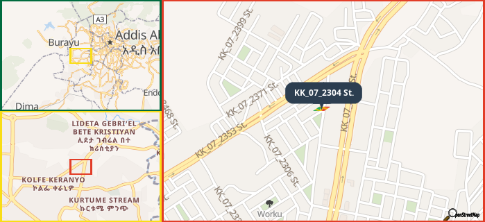 Map showing the address of KK_07_2304 St. in three different zoom levels.