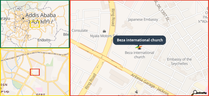 Map showing the address of Beza international church in three different zoom levels.