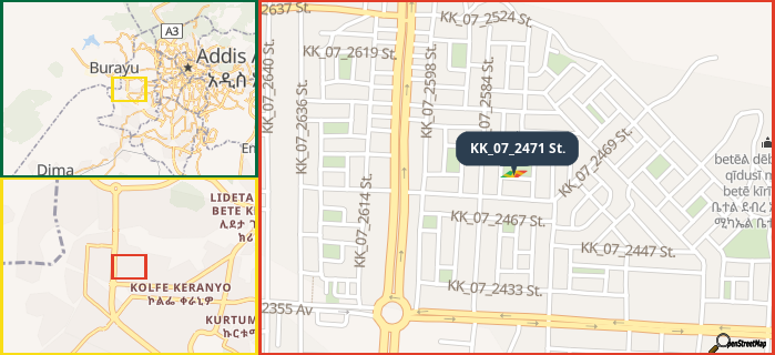 Map showing the address of KK_07_2471 St. in three different zoom levels.