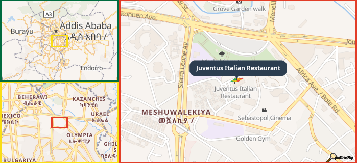 Map showing the address of Juventus Italian Restaurant in three different zoom levels.