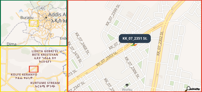 Map showing the address of KK_07_2351 St. in three different zoom levels.