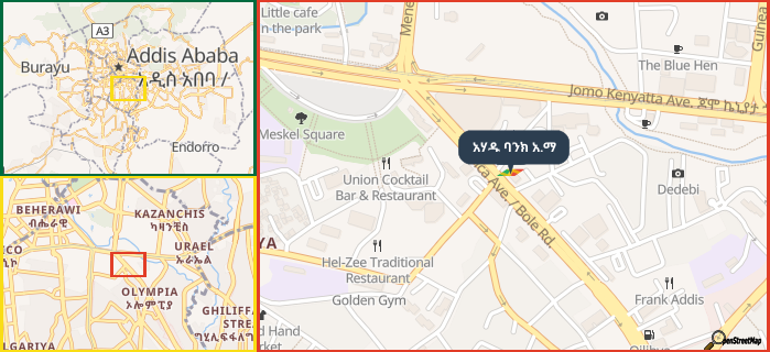 Map showing the address of አሃዱ ባንክ አ.ማ in three different zoom levels.