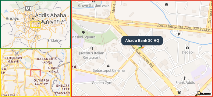 Map showing the address of Ahadu Bank SC HQ in three different zoom levels.