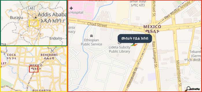 Map showing the address of መብራት ሃይል ክበብ in three different zoom levels.