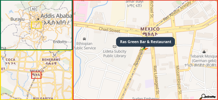 Map showing the address of Ras Green Bar & Restaurant in three different zoom levels.