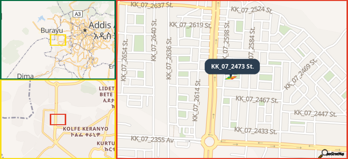 Map showing the address of KK_07_2473 St. in three different zoom levels.