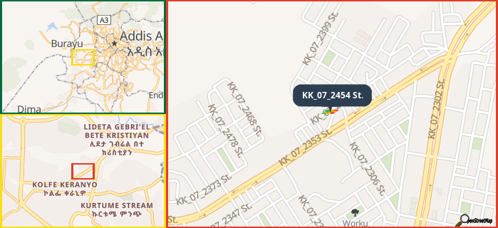 Map showing the address of KK_07_2454 St. in three different zoom levels.