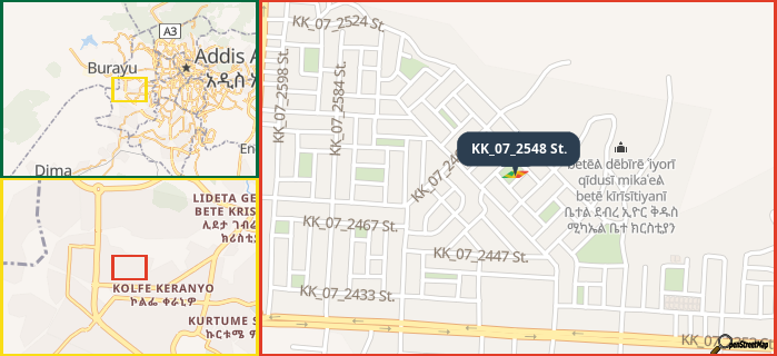 Map showing the address of KK_07_2548 St. in three different zoom levels.