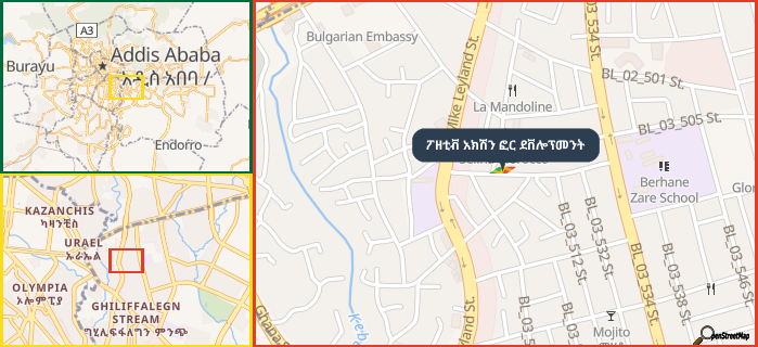Map showing the address of ፖዘቲቭ አክሽን ፎር ደቨሎፕመንት in three different zoom levels.