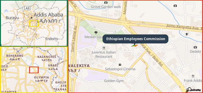 Map showing the address of Ethiopian Employees Commission in three different zoom levels.