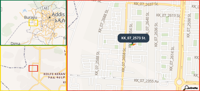 Map showing the address of KK_07_2573 St. in three different zoom levels.