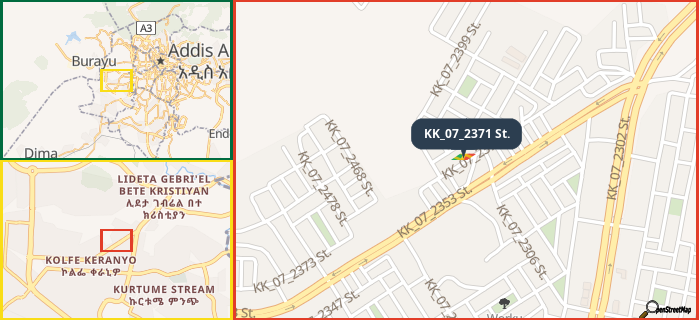 Map showing the address of KK_07_2371 St. in three different zoom levels.