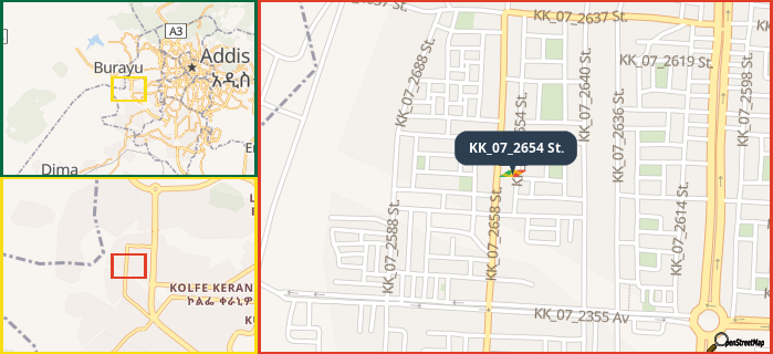 Map showing the address of KK_07_2654 St. in three different zoom levels.