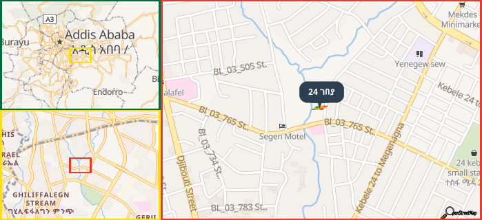 Map showing the address of 24 ገበያ in three different zoom levels.
