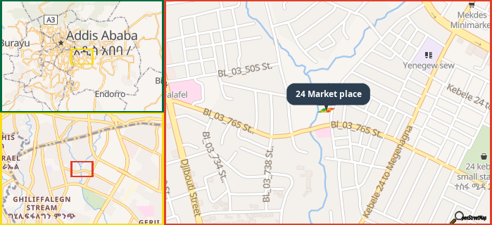 Map showing the address of 24 Market place in three different zoom levels.