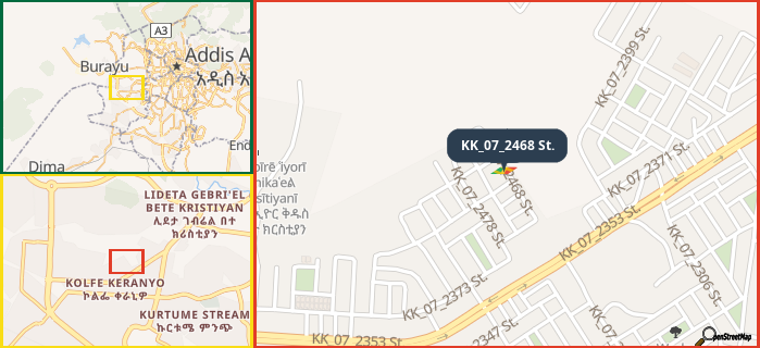 Map showing the address of KK_07_2468 St. in three different zoom levels.