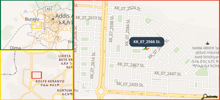 Map showing the address of KK_07_2566 St. in three different zoom levels.