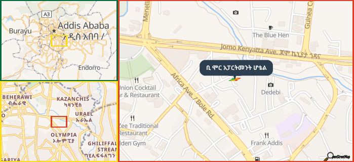 Map showing the address of ቢ ሞር አፓርትመንት ሆቴል in three different zoom levels.