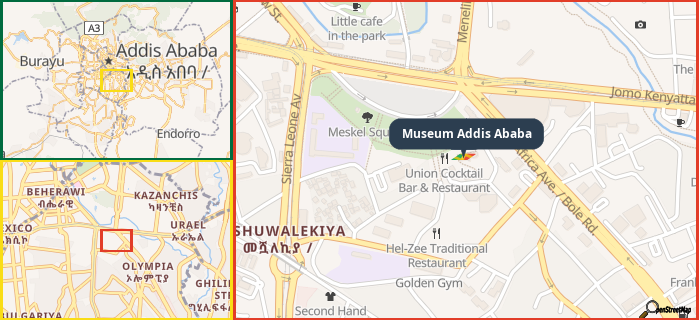 Map showing the address of Museum Addis Ababa in three different zoom levels.