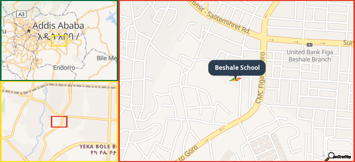 Map showing the address of Beshale School in three different zoom levels.