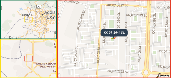 Map showing the address of KK_07_2644 St. in three different zoom levels.