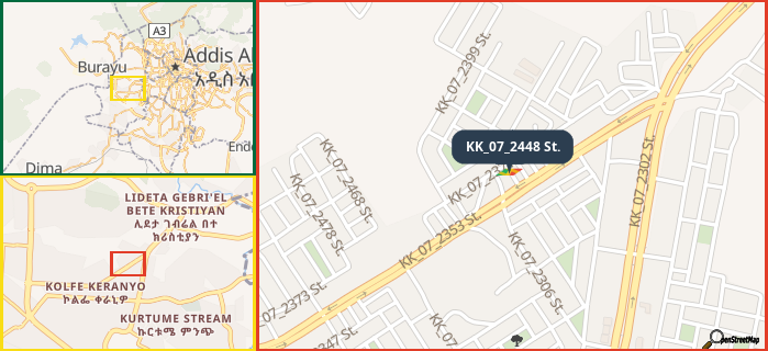 Map showing the address of KK_07_2448 St. in three different zoom levels.