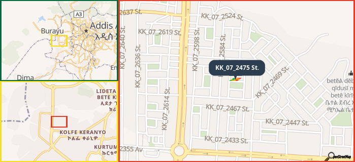 Map showing the address of KK_07_2475 St. in three different zoom levels.