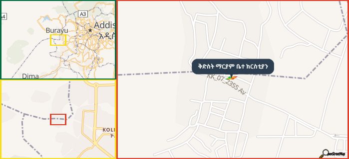 Map showing the address of ቅድስት ማርያም ቤተ ክርስቲያን in three different zoom levels.