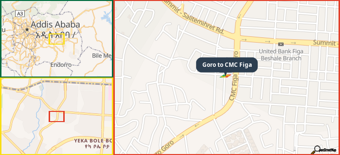 Map showing the address of Goro to CMC Figa in three different zoom levels.