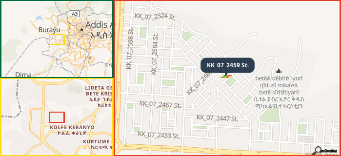 Map showing the address of KK_07_2459 St. in three different zoom levels.