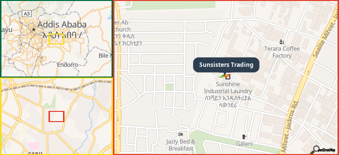 Map showing the address of Sunsisters Trading in three different zoom levels.