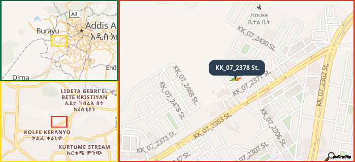 Map showing the address of KK_07_2378 St. in three different zoom levels.