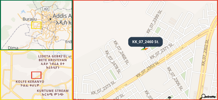 Map showing the address of KK_07_2460 St. in three different zoom levels.