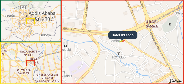 Map showing the address of Hotel D'Leopol in three different zoom levels.