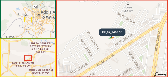 Map showing the address of KK_07_2460 St. in three different zoom levels.