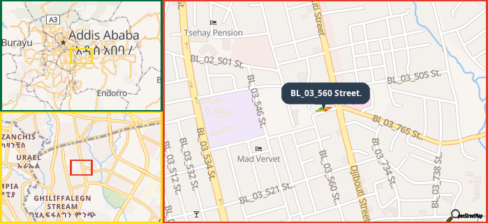 Map showing the address of BL_03_560 Street. in three different zoom levels.