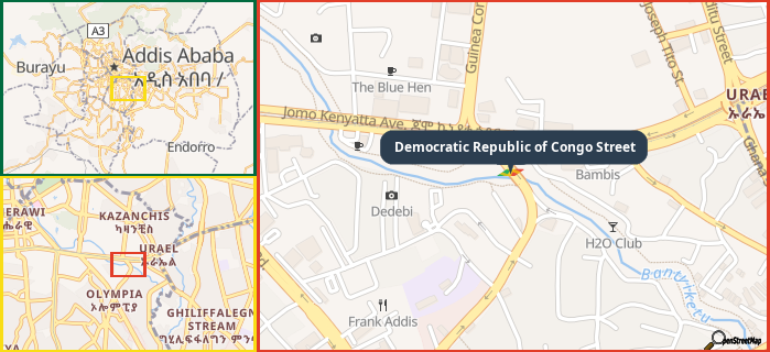Map showing the address of Democratic Republic of Congo Street in three different zoom levels.