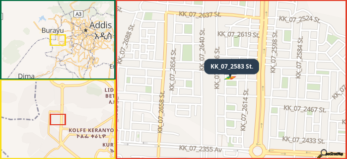 Map showing the address of KK_07_2583 St. in three different zoom levels.