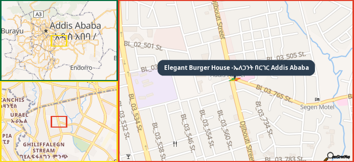 Map showing the address of Elegant Burger House -ኤለጋንት በርገር Addis Ababa in three different zoom levels.