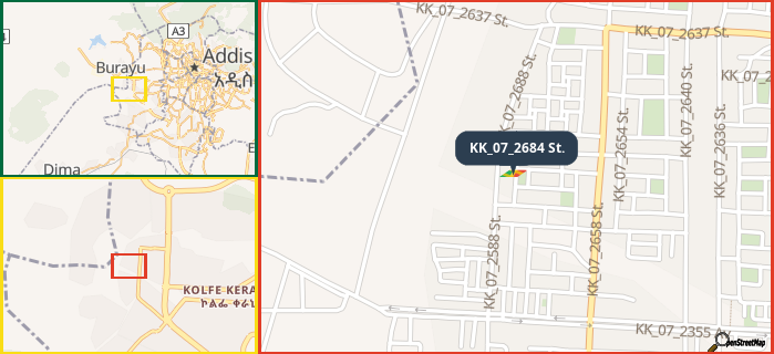 Map showing the address of KK_07_2684 St. in three different zoom levels.