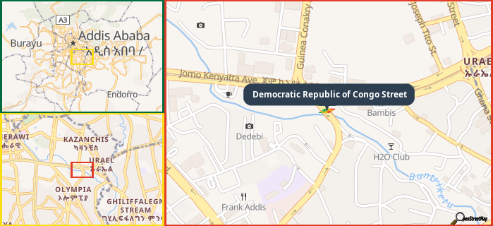 Map showing the address of Democratic Republic of Congo Street in three different zoom levels.