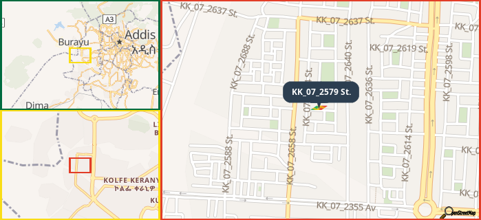 Map showing the address of KK_07_2579 St. in three different zoom levels.