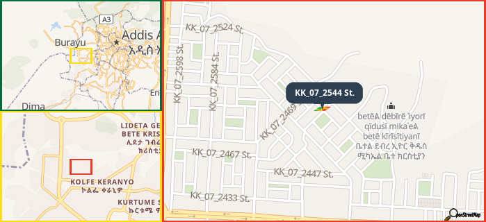 Map showing the address of KK_07_2544 St. in three different zoom levels.