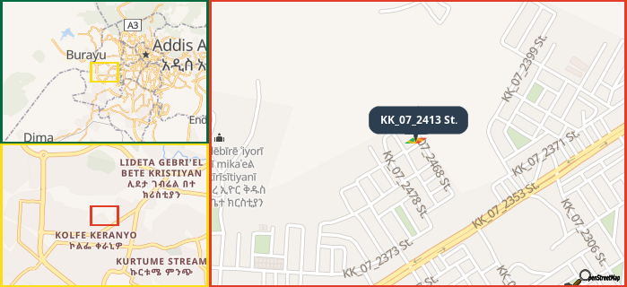 Map showing the address of KK_07_2413 St. in three different zoom levels.