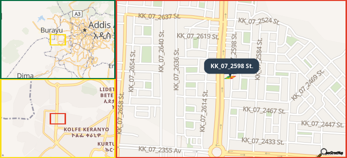 Map showing the address of KK_07_2598 St. in three different zoom levels.