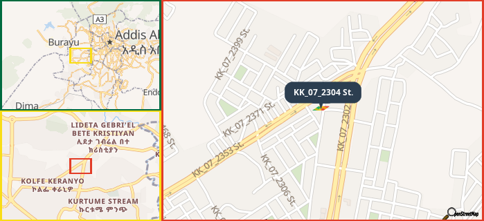 Map showing the address of KK_07_2304 St. in three different zoom levels.