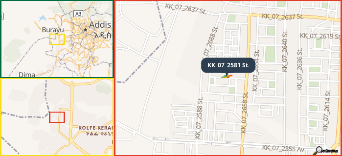 Map showing the address of KK_07_2581 St. in three different zoom levels.