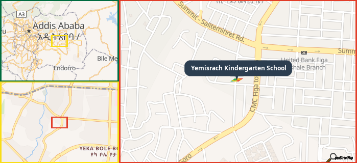 Map showing the address of Yemisrach Kindergarten School in three different zoom levels.