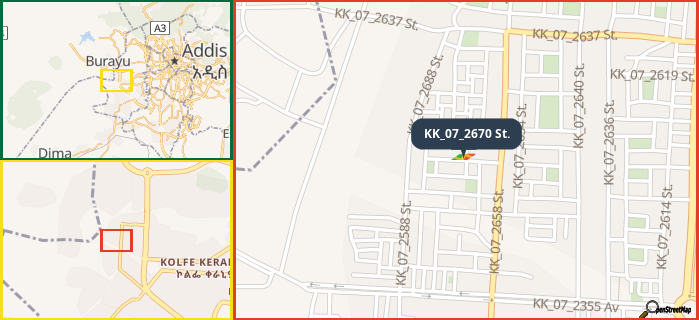 Map showing the address of KK_07_2670 St. in three different zoom levels.