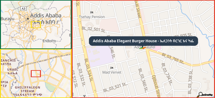 Map showing the address of Addis Ababa Elegant Burger House - ኤለጋንት በርገር እና ካፌ in three different zoom levels.